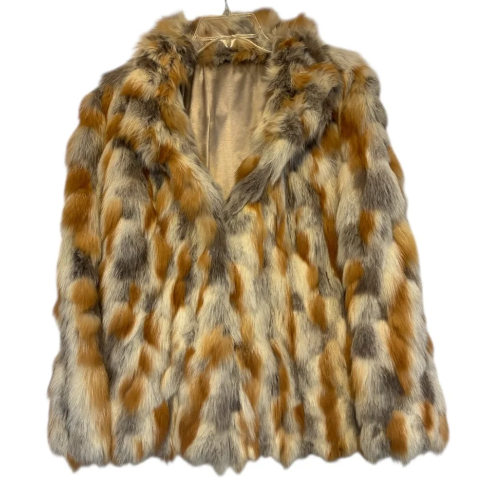 Vintage Fur Coat Multicolor Patchwork 70s 80s Ivory Beige Brown Gray Size Large - Picture 11 of 14